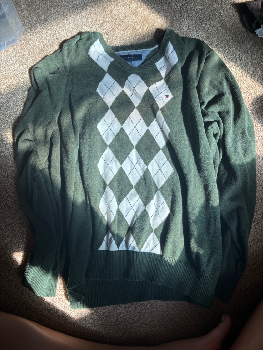 Tommy Hilfiger Dark Green Argyle V-Neck Sweater with White Diamonds